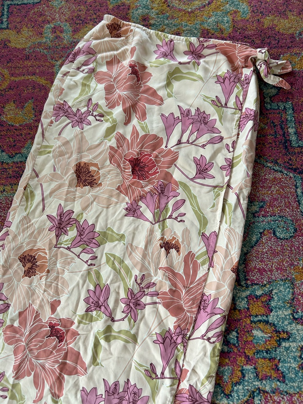 Tommy Bahama | Women’s Peach/Multicolor Floral 100% Silk Faux Wrap Maxi Skirt S - Picture 3 of 11